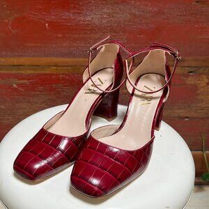 Zara Red Mary Jane Croc Embossed Block Heels